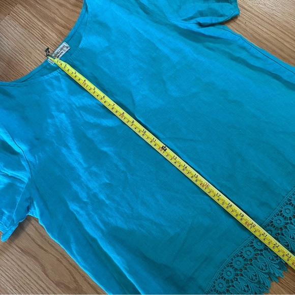 100% linen Italian made size medium turquoise short sleeve scallop lace blouse - Picture 6 of 7